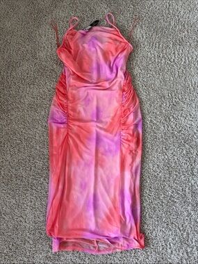 Fashion Nova Pink & Coral Tie-Dye Ruched Slip Midi Dress